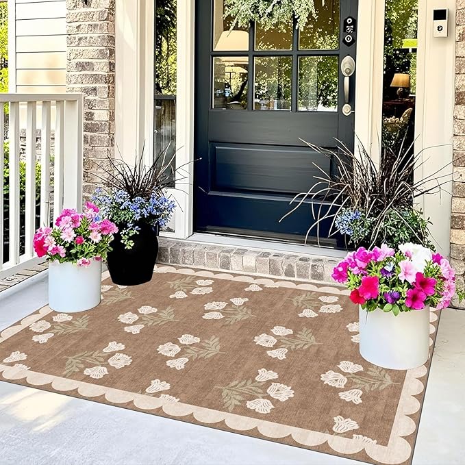 Outdoor Rug, 3x5 Tan Floral Entry Mat, Machine Washable