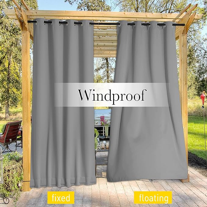 NICETOWN 2 Panels Outdoor Curtains for Patio Waterproof & Windproof, Thermal Insulated Top & Bottom Grommet & Back Tab Sun Blocking Outdoor Drapes with Fixed Rope for Gazebo, Silver Grey, W66 x L90