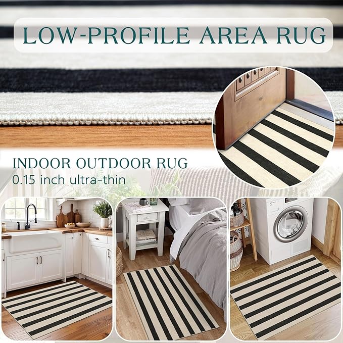 Outdoor Rug in Black and White Stripes, 2 x 3 ft Polyester