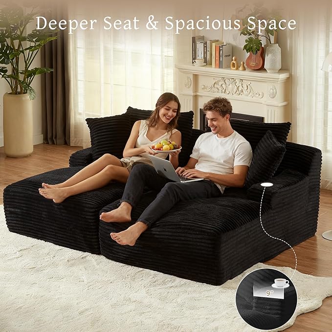 80" Double Chaise Lounge Chair Indoor, Oversized Boneless Couch Comfy Upholstered Sleeper Sofa Bed with 4 Pillows, Corduroy Cloud Loveseat Chair for Living Room No Assembly Required, Black