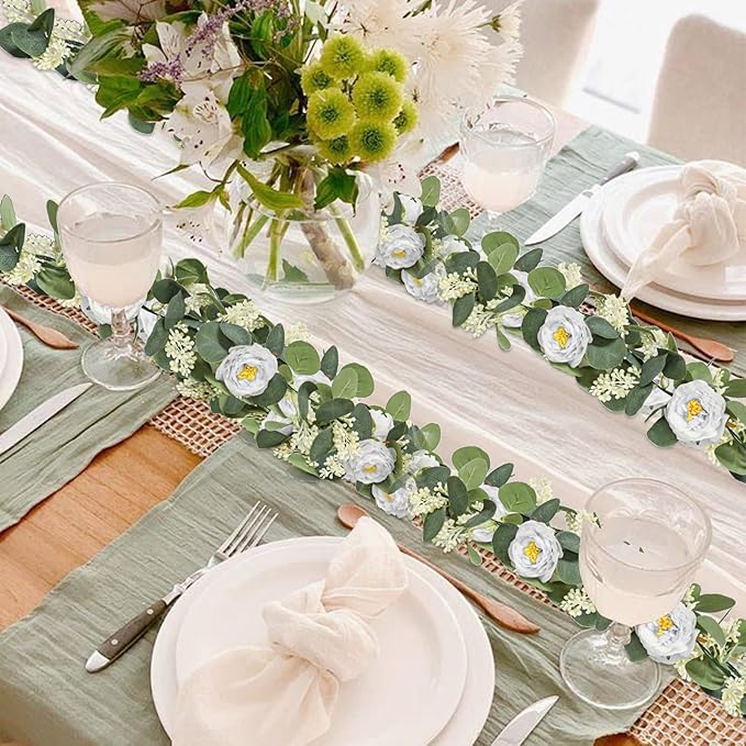 Artificial Eucalyptus Garland 2-Pack, White Roses and Green Leaves