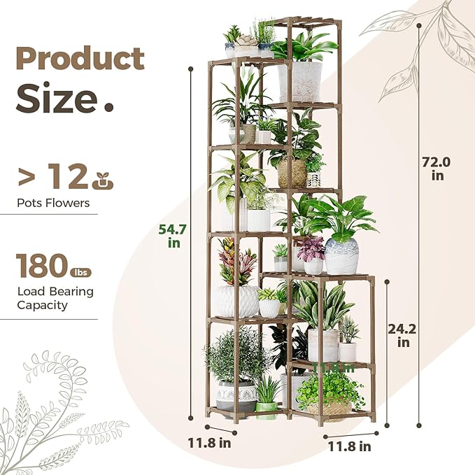 Bamworld 72" Tall Plant Shelf Indoor Outdoor Corner Plant Stand Large Plant Table Wood Plant Holder for 10 Pots Multiple Plants Patio Balcony Garden Office Home Decor