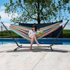 Vivere Double Sunbrella Hammock with Space-Saving Steel Stand, Heavy-Duty Portable Outdoor Hammock Set for Backyard, Patio, or Travel, Confetti