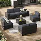 Jing's Villa 8-Piece Patio Furniture Set, All-Weather Outdoor Wicker Sectional Sofa with Cushions, Glass Table & Left and Right Armrest, Rattan Conversation Seating for Porch, Garden, Backyard,Grey
