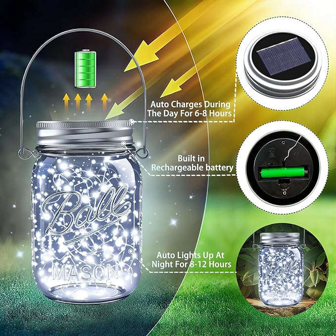 String Lights, 12 Pack Solar Mason Jar Lid Lights in Cool White