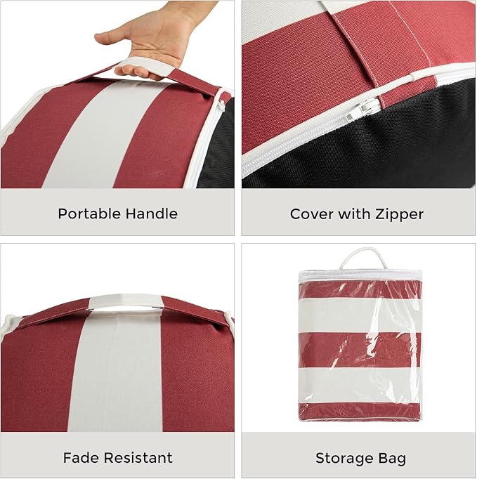 Inflatable Patio Ottoman Pouf with Air Pump, 20 x 9 Inch, Red Stripe