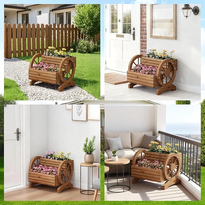 Wooden Wagon Planter Outdoor Flower Cart with Wheels Garden Planter, Decor Planter for Patio Balcony Decoration Succulent Flower Pot for Indoor Backyard Balcon Yard Decor planters (Brown)