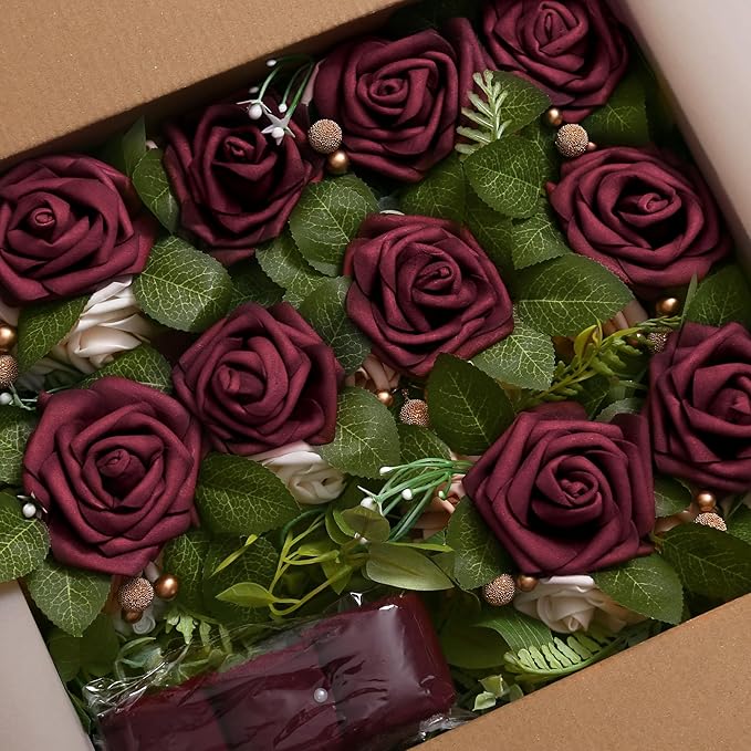 Artificial Flowers Burgundy Wedding Pew Bows, Set of 10 with Ribbon Ties