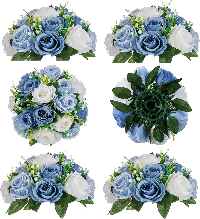 Artificial Flower Balls, Dusty Blue Silk Rose Centerpieces with Baby's Breath