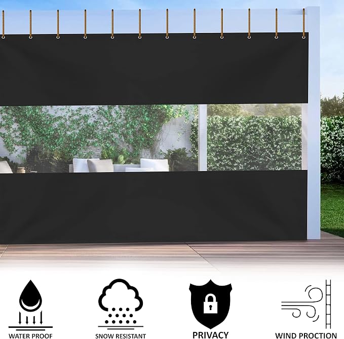 Outdoor Curtain, 10 ft x 10 ft Black Clear Panel Vinyl Patio Screen
