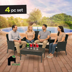 EconoHome 4-Piece Outdoor Patio Furniture Set - Patio Set with 2 Rattan Chairs, 1 Loveseat & 1 Glass -Top Coffee Table - Weather-Proof Wicker with Cushions - Conversation Set for Porch, Balcony, Lawn