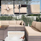 Kullavik 13 Pieces Outdoor Patio Furniture Set with 43" 55000BTU Gas Propane Fire Pit Table PE Wicker Rattan Sectional Sofa Patio Conversation Sets,Khaki