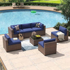 Aoxun 7 Piece Patio Furniture Set Wicker Rattan Patio Conversation Set Outdoor Sectional Sofa Set with Coffee Table and Thickened Cushions, Blue(Waterproof Cover Included)