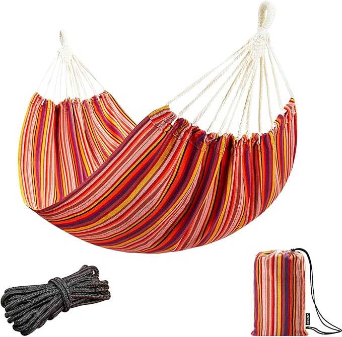 JoyView Brazilian Hammock for Single Preson Portable Hammock with Hanging Ropes & Carry Bag Large 78.8x39.4” for Patio 300LBS Capacity Perfect for Outdoor/Indoor - Red Stripe