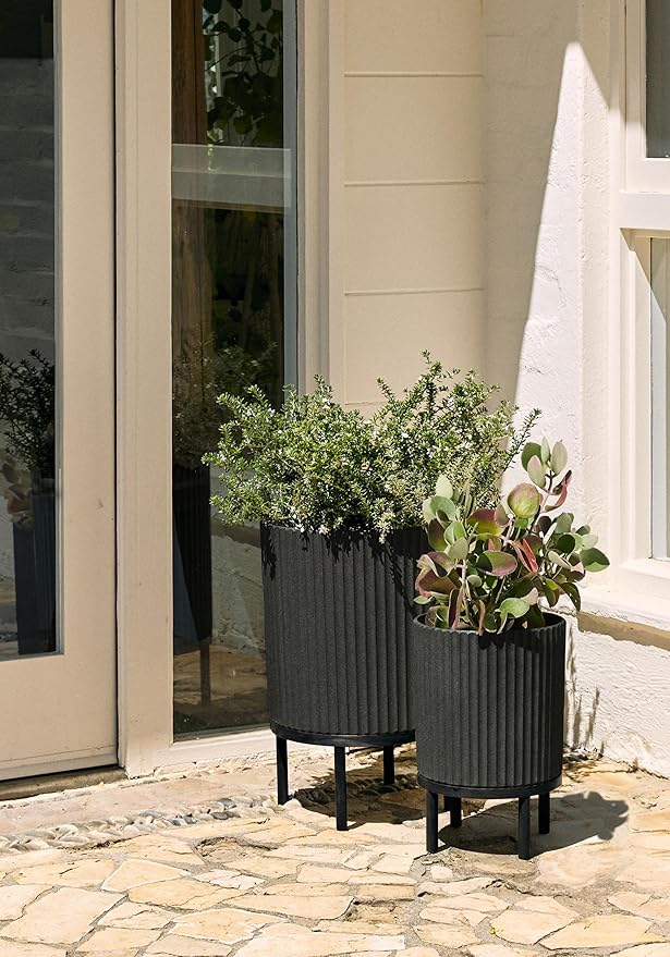 Veradek Demi Series Round Planter w/Stand for Porch/Patio | Durable Plastic-Stone Composite & Wooden Stand | Modern Décor for Tall Plants, Flowers