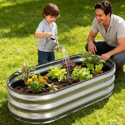 2 Pack 4x2x1FT Galvanized Raised Garden Beds,Raised Garden Bed with Safety Edging and Gloves,Oval Metal Planter Box for Gardening Vegetables Flowers Herb-Silver