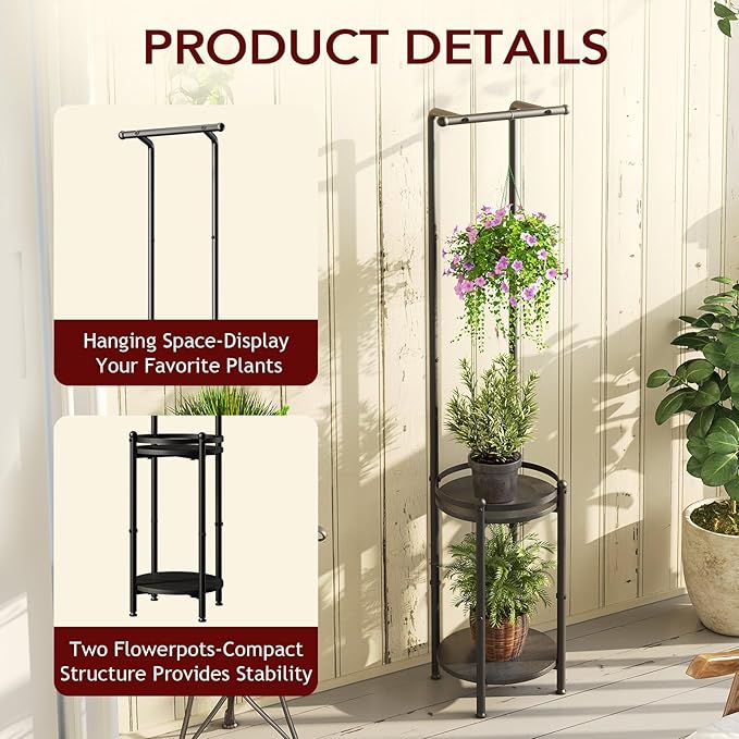 Plant Stand Indoor Outdoor - Heavy Duty Metal 2-tier Hanging Plant Holder Space-Saving Iron Plant Stands Tall Plant Shelf for Living Room Garden Balcony（Black）