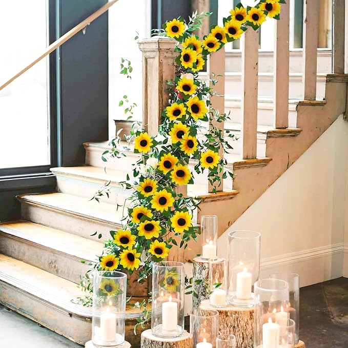 Artificial Sunflower Garland, 7.5 Ft Green Silk Vines, 12 Pack