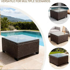 Wicker Patio Furniture - Square Outdoor Coffee Table, with Tempered Glass Tabletop & Rust-Resistant Coated Steel Frame, Compatible with Sectional Sofas, Ideal for Garden, Pool, Balcony, Black
