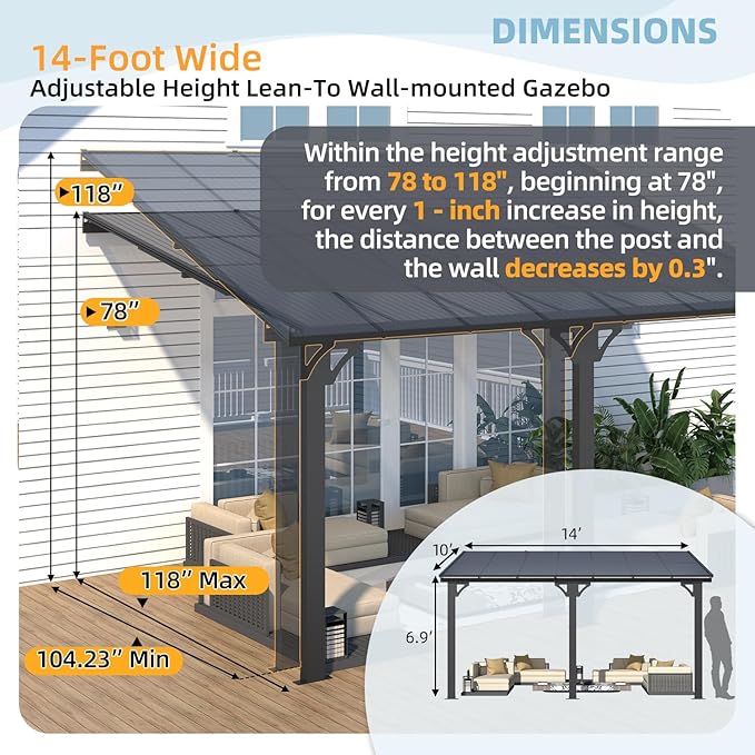 AECOJOY 10' x 14' Adjustable Height Outdoor Lean to Gazebo Pergola for Patio, Large Wall-Mounted 6.5-9.8 Ft Hard Top Metal Heavy Duty Metal Awnings Shelter Pergolas and Gazebos Clearance with Roof