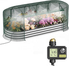 Raised Garden Bed with Sprinkler Timer and Self-Watering System, 8x3x1 ft Elevated Planter Boxes Outdoor with Mesh Cover, Oval Raised Beds for,Vegetables,Flowers, Backyard, Patio
