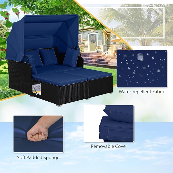 ORALNER Outdoor Daybed, 2-Person Wicker Patio Sofa with Retractable Canopy, Cushions & Pillows, 2 Side Trays, PE Rattan Sunbed Double Lounger for Deck Poolside Garden Balcony (Navy)