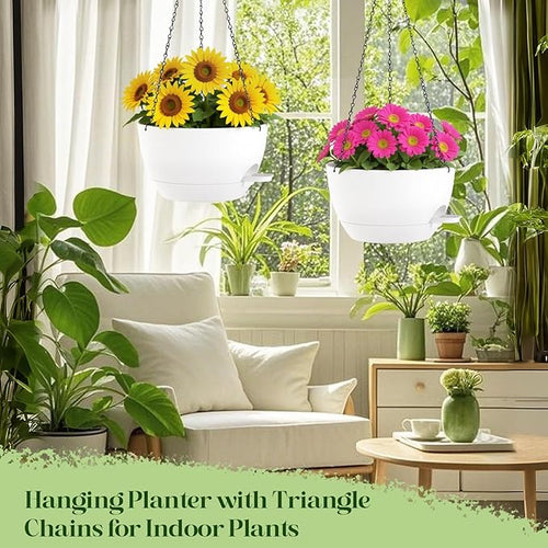 2 Pack 10 Inch Self Watering Hanging Planters for Indoor Plants, Large White Plastic Hanging Pots with Chains for Outdoor Patio Garden Home Decor (White)