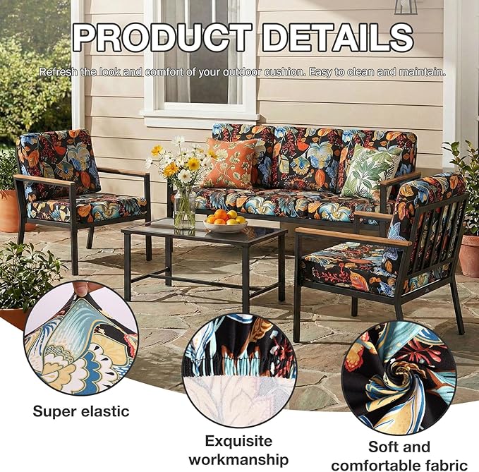 Cushion Covers for Patio Furniture, 8-Piece Stretch Floral Set