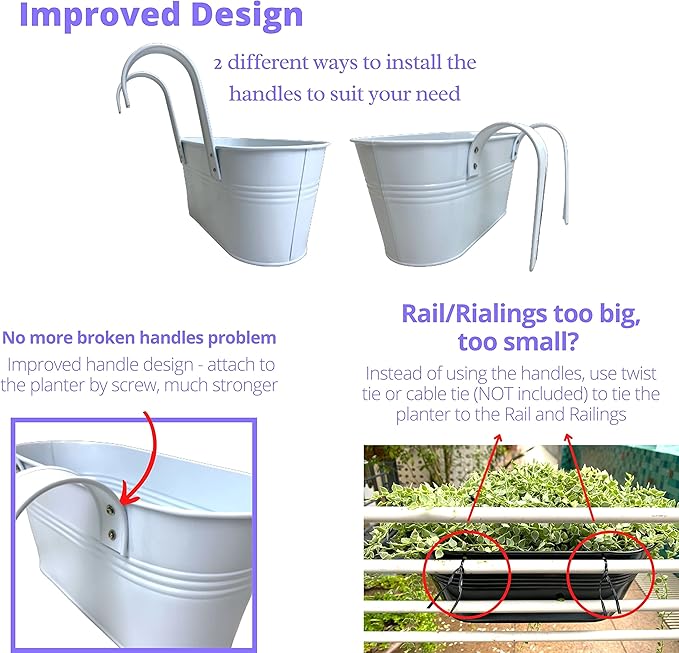 LaLaGreen Outdoor Rail Planter (2 Pack, 11.8 Inch) Metal Iron Hanging Flower Pot Deck Railings White Fence Bucket Modern Countryside Boho Style Wall Mount Window Box Plant Holder Hooks Porch Decor