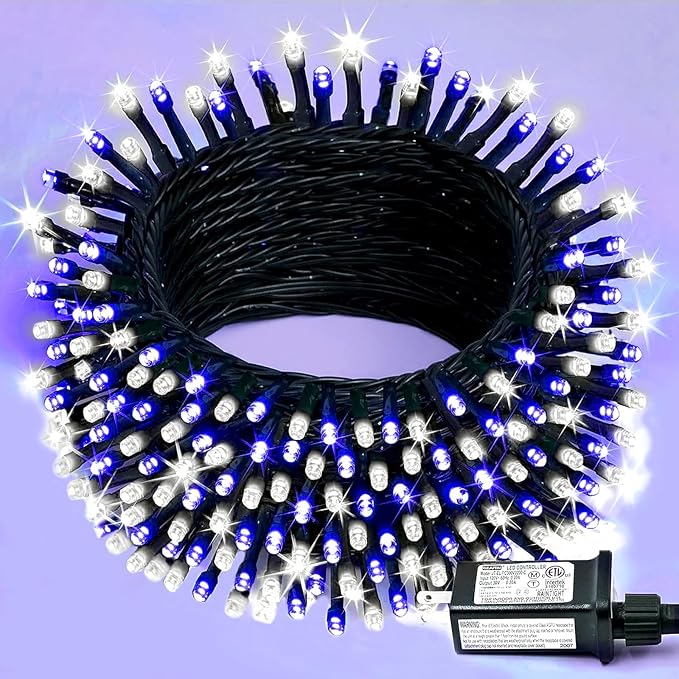 String Lights 200 LED 66 ft Outdoor Waterproof, Blue and White