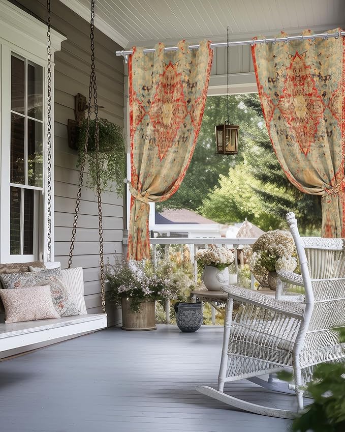 Boho Outdoor Curtains for Patio Waterproof, Grommet Privacy Curtain Drapes Weatherproof Outside Curtains for Porch GazeboPergola Cabana 2 Panel 54x95inch Rustic Bohemian Floral Tribal Orange