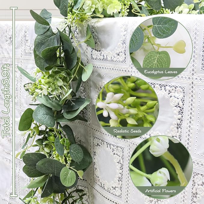 Artificial Greenery Garland, 5.9 Ft Eucalyptus and Boxwood Mix, Green