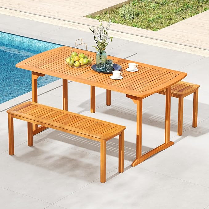 Tangkula 3 Piece Acacia Wood Patio Dining Table Set, 63" Large Patio Table & 2 Backless Benches w/Umbrella Hole, Farmhouse Indoor Outdoor Diner Furniture for Garden Poolside Deck Kitchen