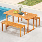Tangkula 3 Piece Acacia Wood Patio Dining Table Set, 63" Large Patio Table & 2 Backless Benches w/Umbrella Hole, Farmhouse Indoor Outdoor Diner Furniture for Garden Poolside Deck Kitchen