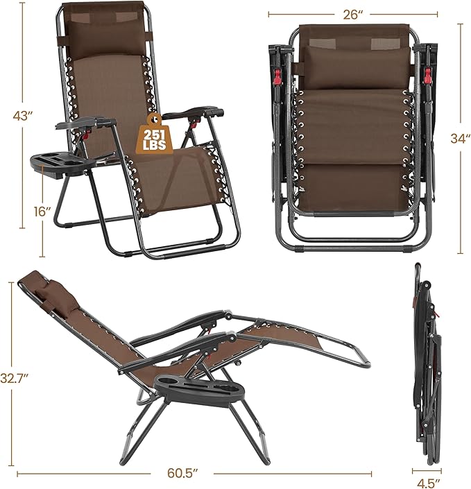 Yaheetech 26" Zero Gravity Recliners Outdoor Adjustable Folding Reclining Lounge Chairs w/Pillows, Cup Holder Trays and Carry Strap for Patio Backyard Beach Brown Set of 2