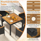 Tangkula 5 Pieces Rattan Outdoor Dining Set for 4, Outdoor Acacia Wood Table Set with 4 Cushioned Wicker Chairs, Umbrella Hole, Patio Dining Furniture Set for Deck Pool Backyard