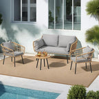 DWVO Patio Furniture Set 4 Pieces Boho Wicker Bistro Set, All Weather Outdoor Rattan Conversation Set with Loveseat Chairs Table Soft Cushions for Backyard, Pool, Garden - Grey