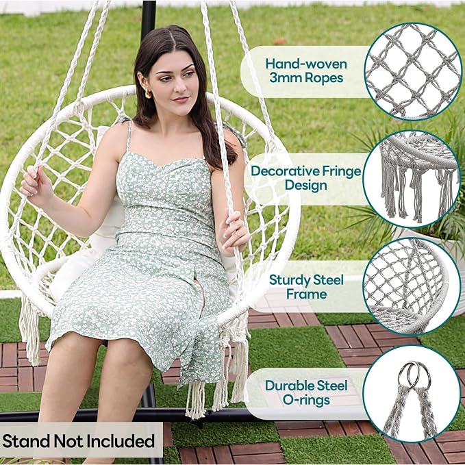 Hammock Chair with Macrame Weave, 330 lb Capacity, Light Grey