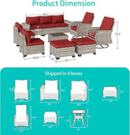 11-Piece Outdoor Patio Furniture Set with Rocking Swivel Chair Wicker Sectional Sofa Set, Patio Conversation Set with Ottomans & Coffee Table for Garden, Backyard, Poolside, Red