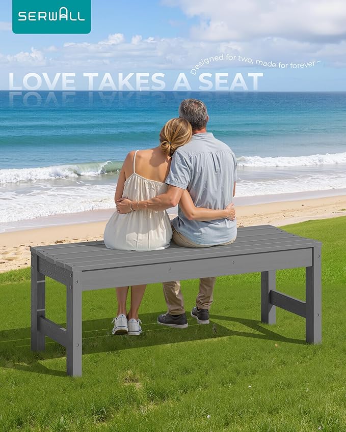 SERWALL 47 Inches Outdoor Bench Set of 2, All Weather HDPE Backless Bench with Wood Grain Texture for Garden Porch and Park, Curved Bench Seat for Comfort, Grey
