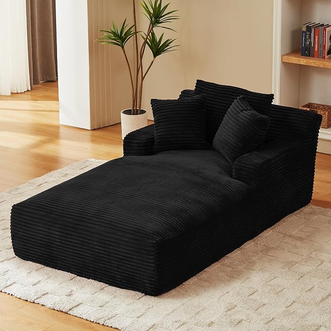78.7" Chaise Lounge Chair Indoor, Oversized Boneless Couch Comfy Upholstered Sleeper Sofa Bed with 3 Pillows, Corduroy Cloud Reading Chair for Living Room No Assembly Required, Black