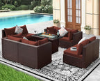 NICESOUL Modern 9 Pcs Patio Sectional Sofa Set with Fire Pit Natural Gas/Propane, Extra Large Outdoor Furniture Sets, 29.3'' High Back Deep Seats Conversations 8 Seater, Brown Rattan and Red Cushion