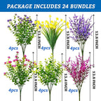24 Bundles Artificial Fake Flowers Outdoor, 6 Styles UV Resistant No Fade Faux Plastic Greenery Shrubs Plants for Hanging Garden Porch Window Box Farmhouse Outside Decoration