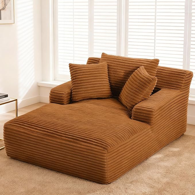 66" Chaise Lounge Chair Indoor, Oversized Boneless Couch Comfy Upholstered Sleeper Sofa Bed with 3 Pillows, Corduroy Cloud Reading Chairs for Living Room No Assembly Required, Orange