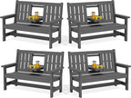SERWALL Outdoor Bench with Cup Holder, 58" HDPE Garden Park Bench Suitable for 3 Person, All Weather Patio Benches with High Backrest and Wide Armrests for Garden, Park, Yard, Front Porch, Grey