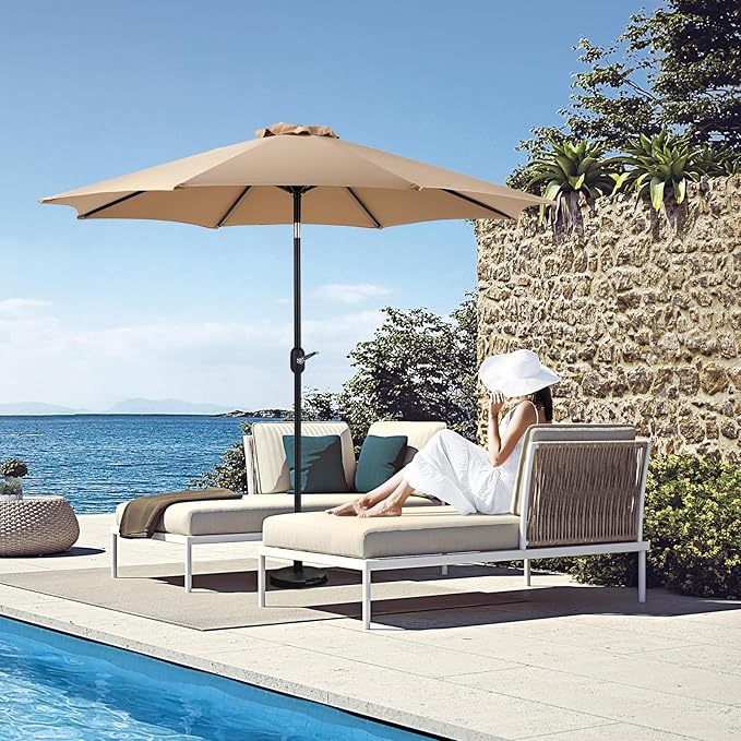 OLIXIS 9ft Patio Umbrella with Tilt and Crank Button & 8 Sturdy Ribs Waterproof, Patio Table Umbrella Perfect for Poolside, Terrace, Beach and Outdoor Restaurant, Khaki