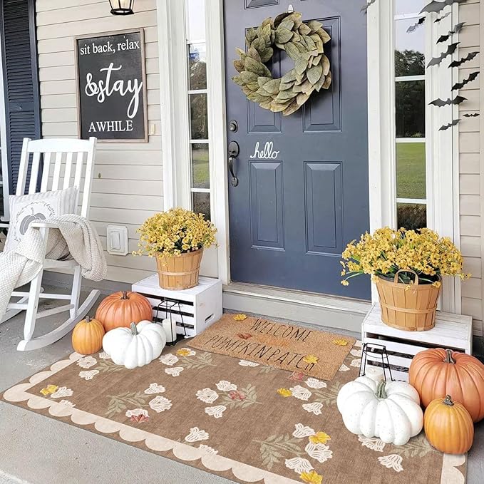 Outdoor Rug, 3x5 Tan Floral Entry Mat, Machine Washable