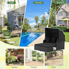 ORALNER Outdoor Daybed, 2-Person Wicker Patio Sofa with Retractable Canopy, Cushions & Pillows, 2 Side Trays, PE Rattan Double Sunbed Lounger for Deck Poolside Garden Balcony (Black)
