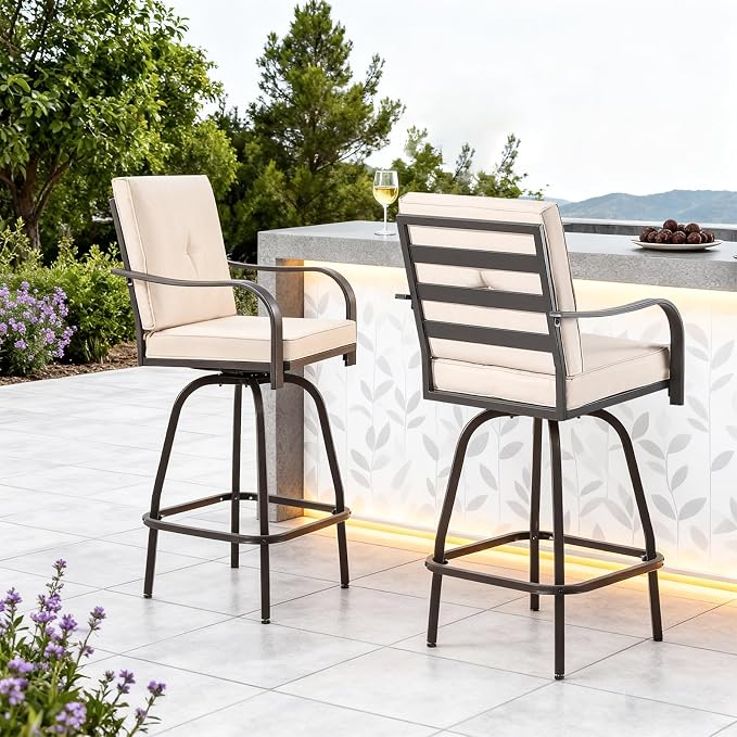 Outdoor Bar Stools Set of 2, 360° Swivel Beige Metal Bar Chairs