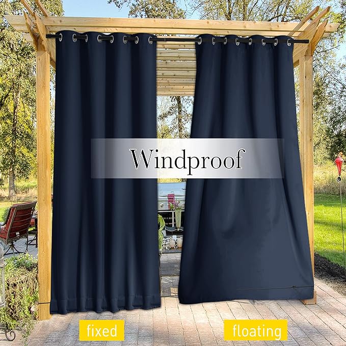 NICETOWN 2 Panels Outdoor Curtains for Patio Waterproof Extra Long 108", Windproof Thermal Insulated Top & Bottom Grommet & Back Tab Blackout Porch Drapes with Rope for Fixed, Navy Blue, 104" Wide